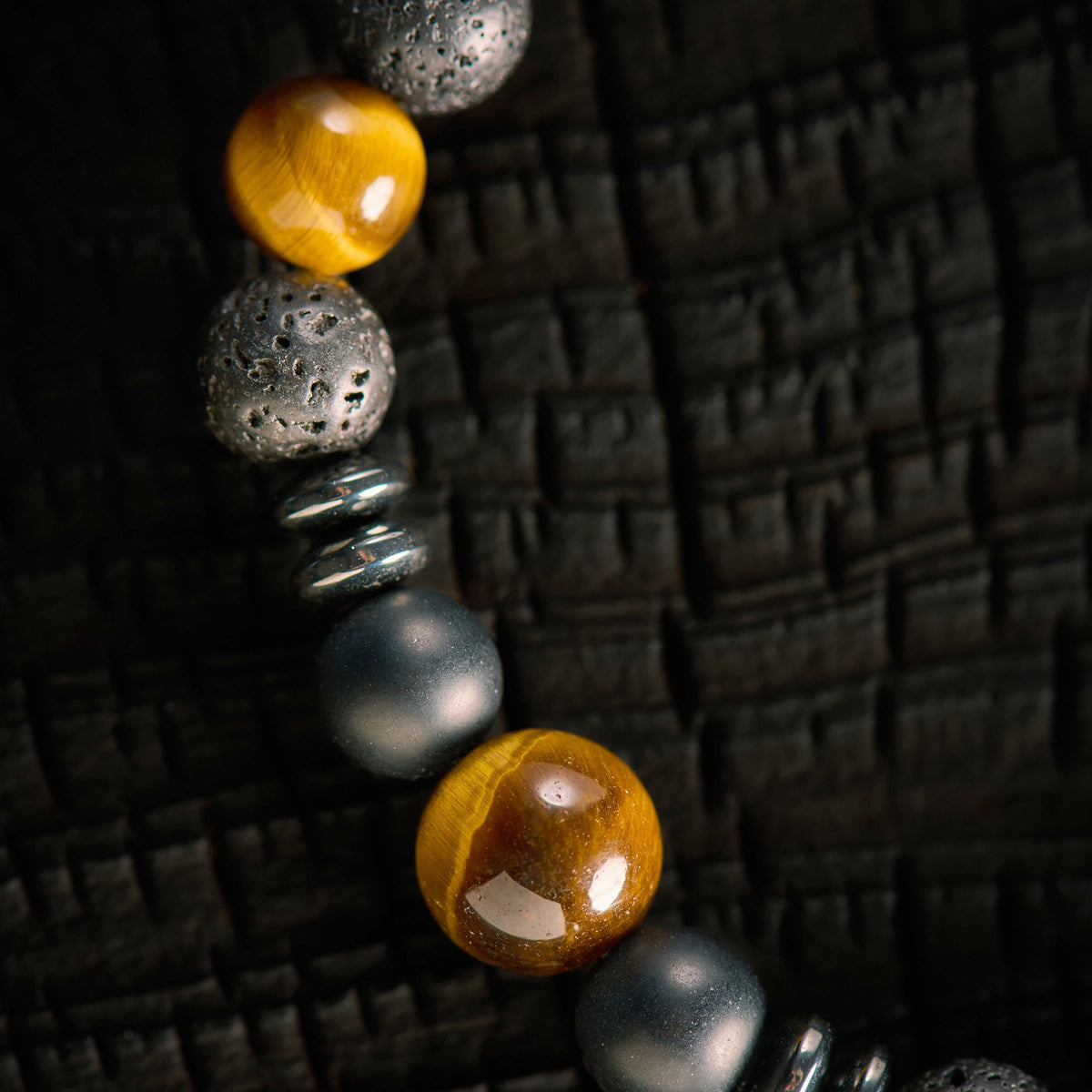Bracelet élastique en Pierre de Lave, Hématite, Oeil de Tigre et Agate Noire - Onyx
