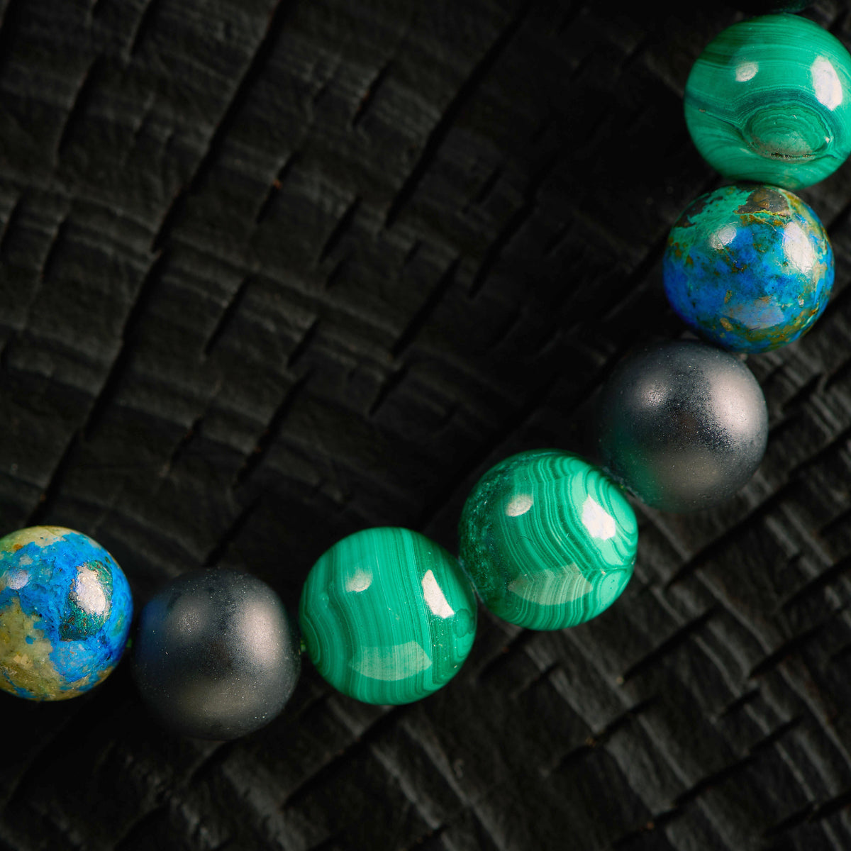 Bracelet élastique en Malachite, Azurite, Pierre de Lave et Agate Noire - Onyx