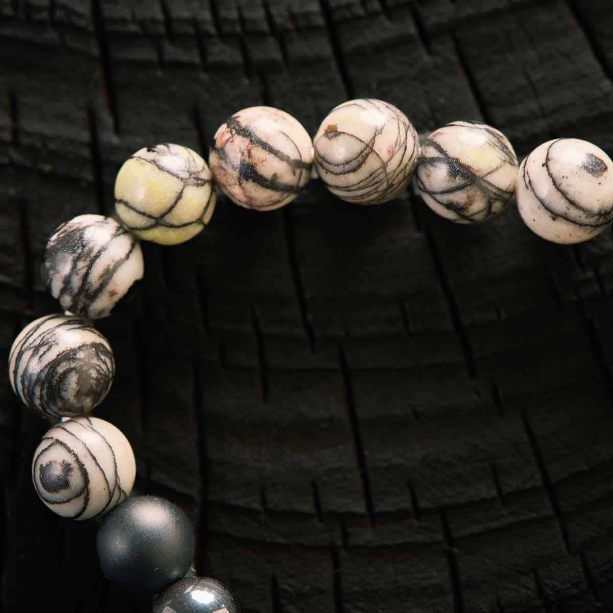 Bracelet élastique en Pinolite, Hématite et Agate Noire - Onyx