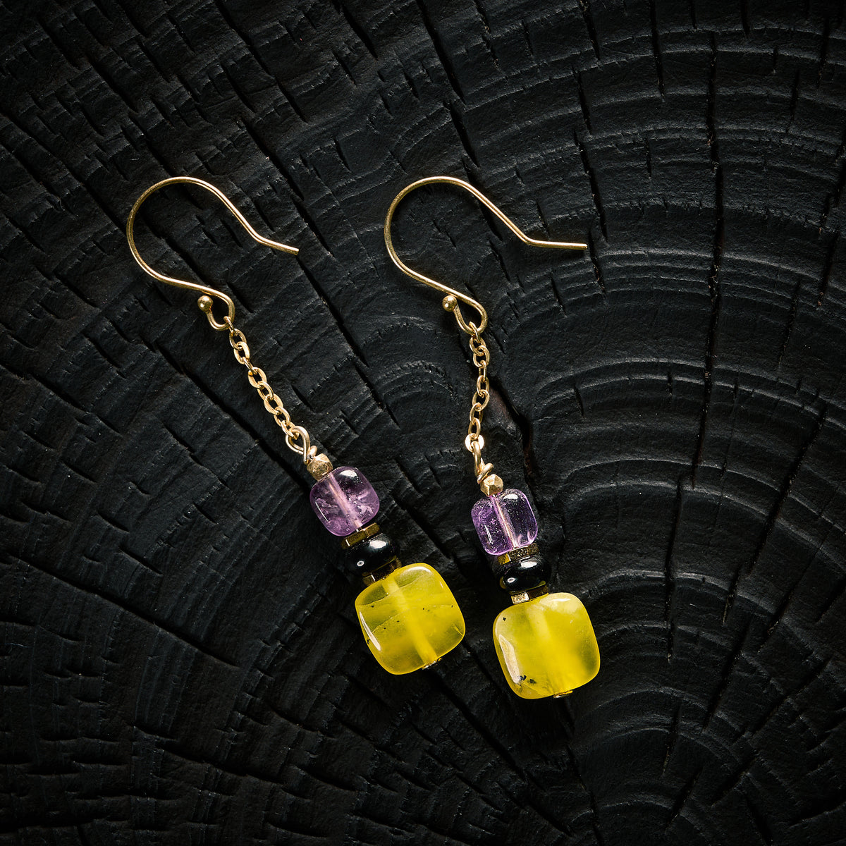 Boucles d'Oreilles en Améthyste Agate Noire et Jadéïte