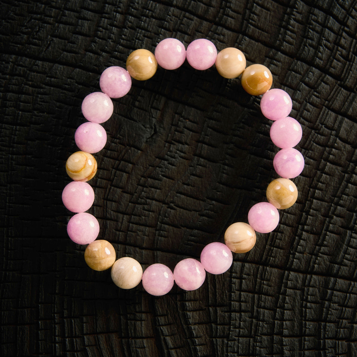 Bracelet élastique en Bois Fossile et Lépidolite