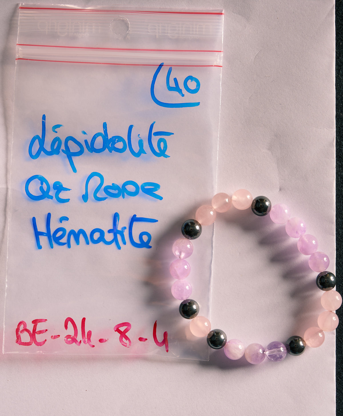 Bracelet élastique en Lépidolite, Quartz Rose en Hématite
