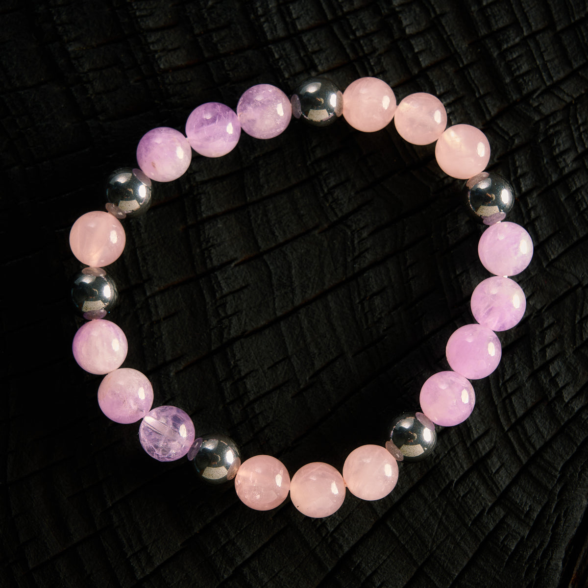 Bracelet élastique en Quartz Rose, Hématite et Lépidolite