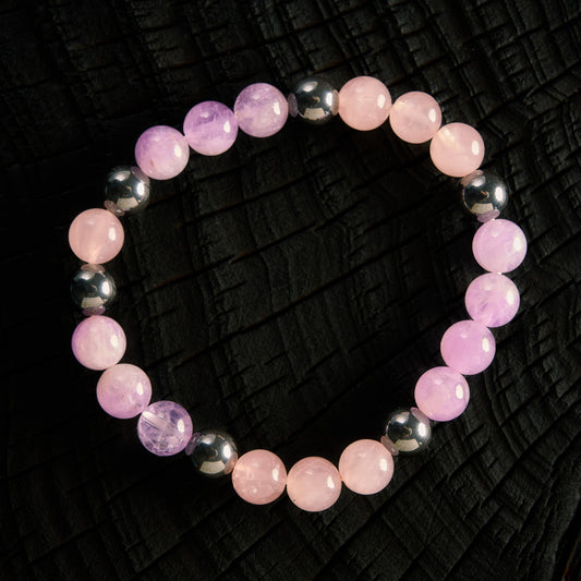 Bracelet élastique en Quartz Rose, Hématite et Lépidolite