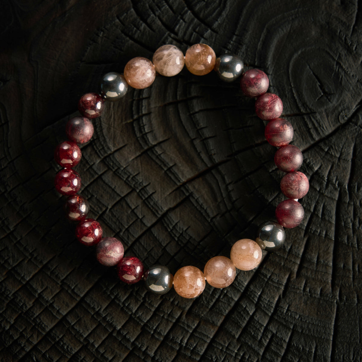 Bracelet élastique en Grenat Rouge, Hématite et Pierre de Lune Orangée