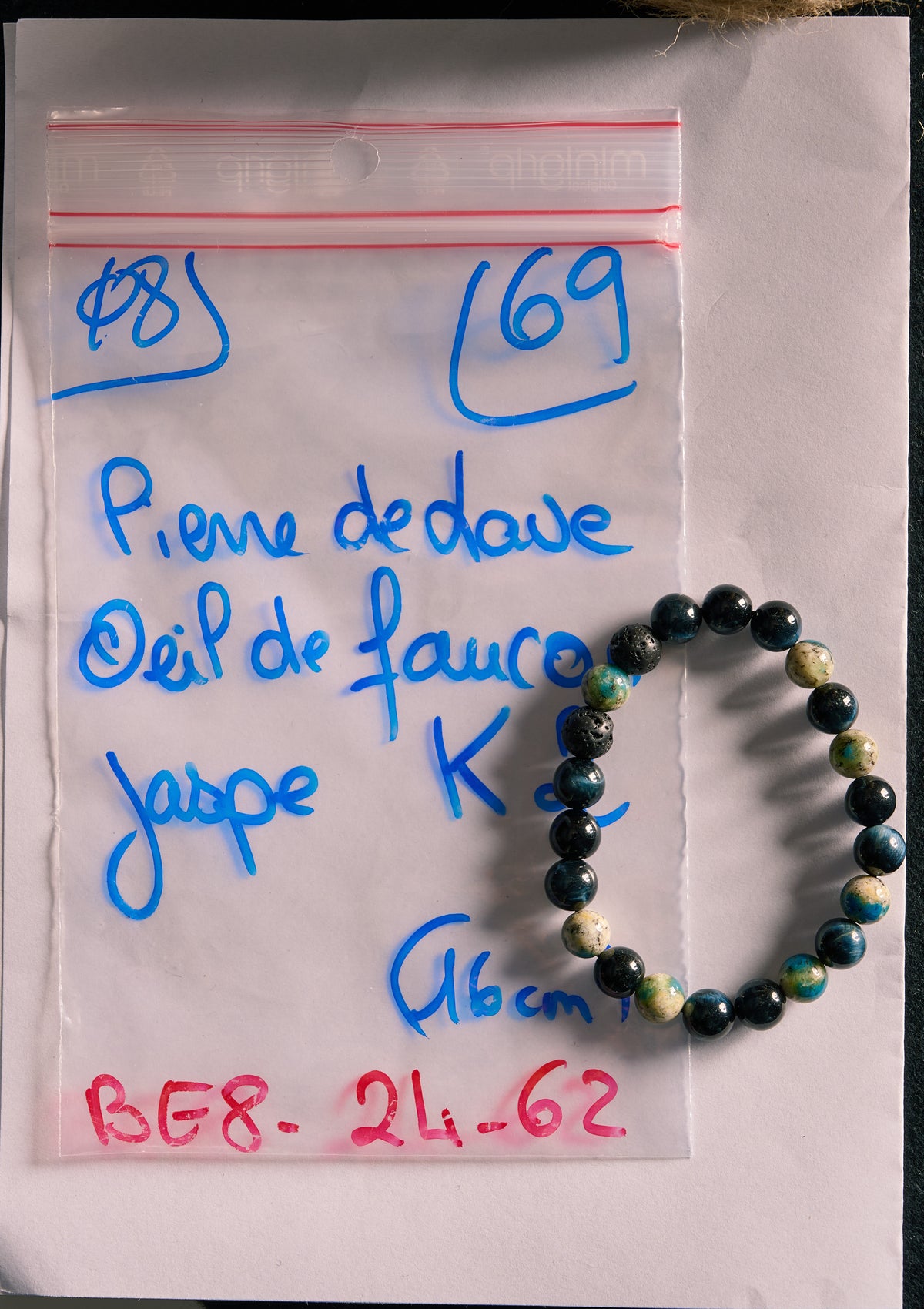 Bracelet élastique en Jaspe K2, Pierre de Lave et Oeil de Faucon
