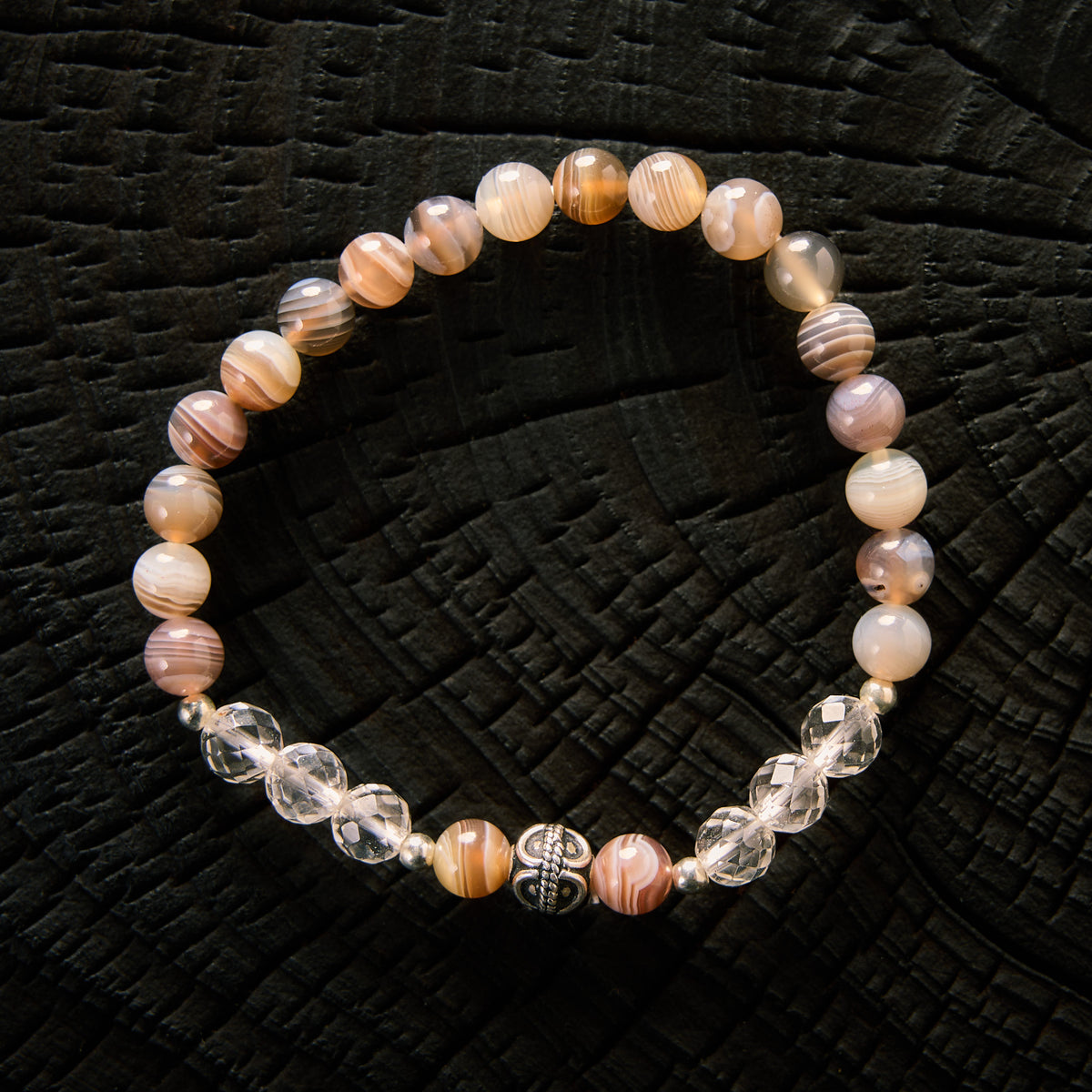 Bracelet élastique en Agate du Botswana et Cristal de Roche