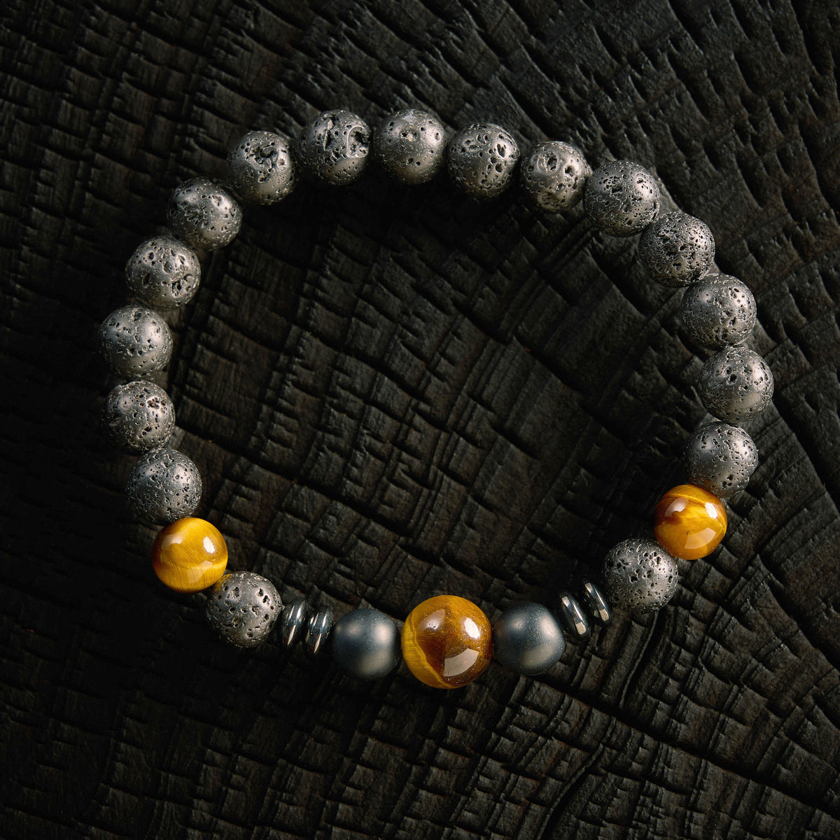 Bracelet élastique en Pierre de Lave, Hématite, Oeil de Tigre et Agate Noire - Onyx