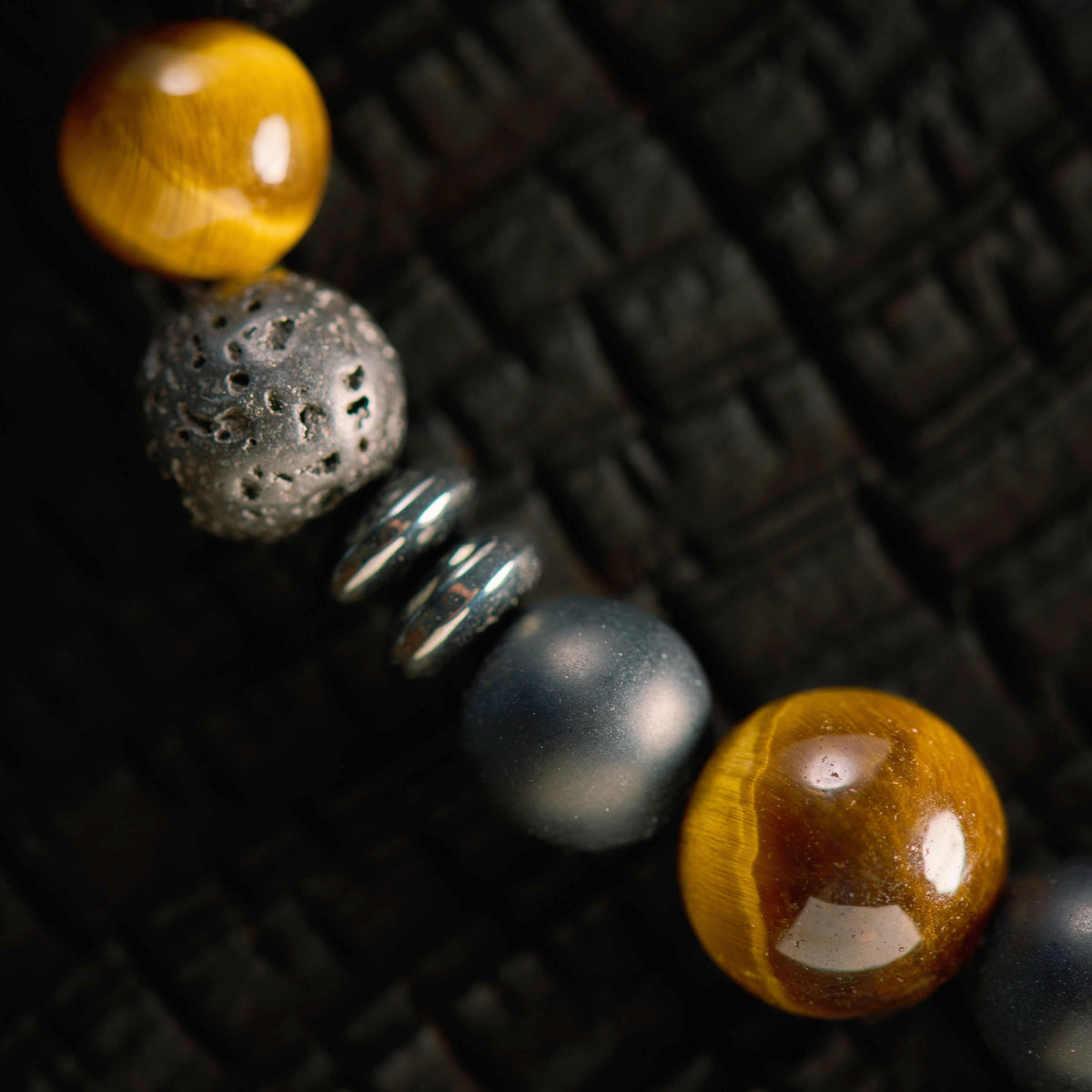 Bracelet élastique en Pierre de Lave, Hématite, Oeil de Tigre et Agate Noire - Onyx