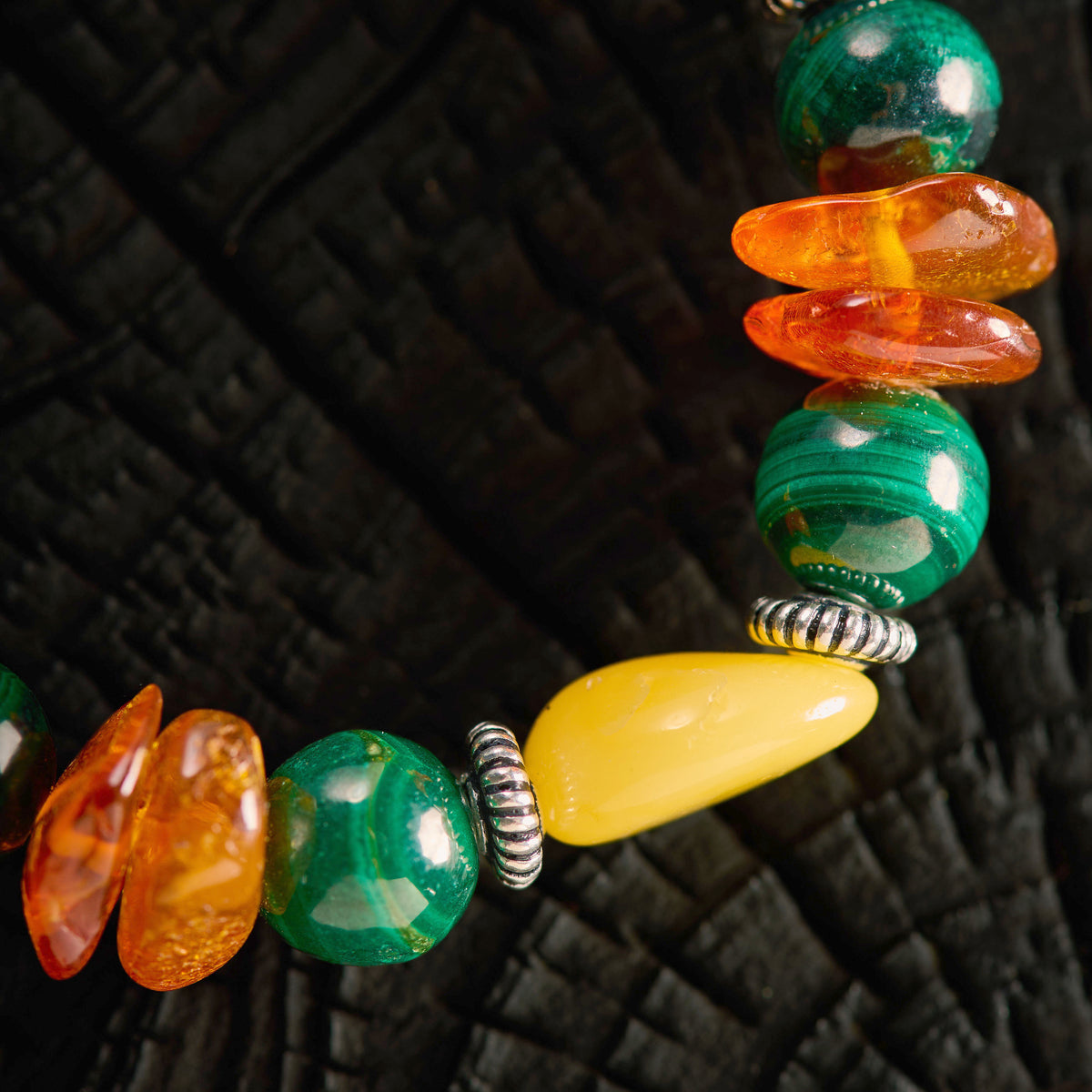 Bracelet élastique en Malachite et Ambre