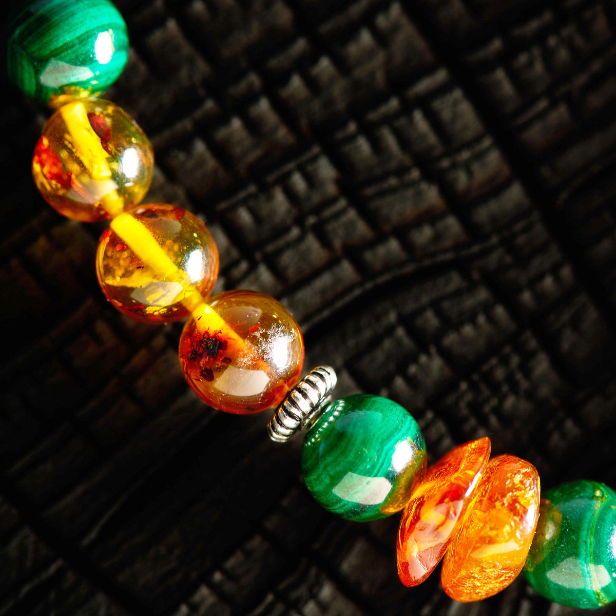 Bracelet élastique en Malachite et Ambre