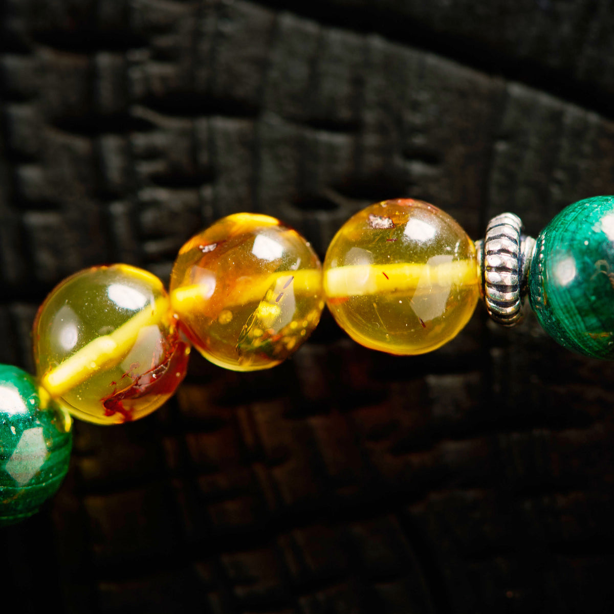 Bracelet élastique en Malachite et Ambre