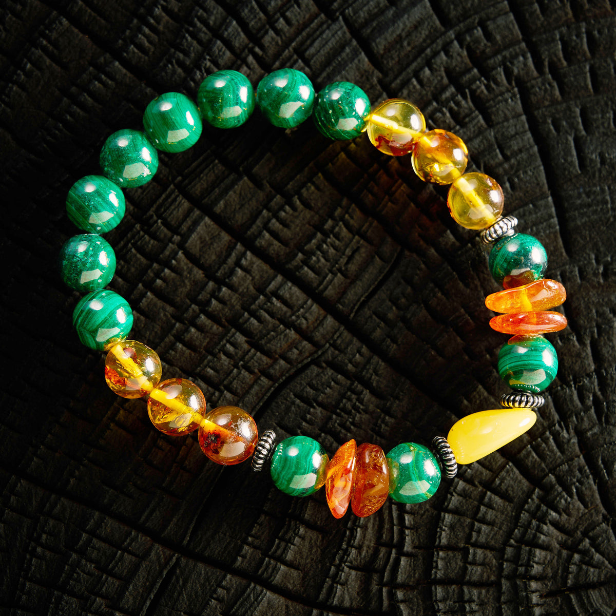 Bracelet élastique en Malachite et Ambre