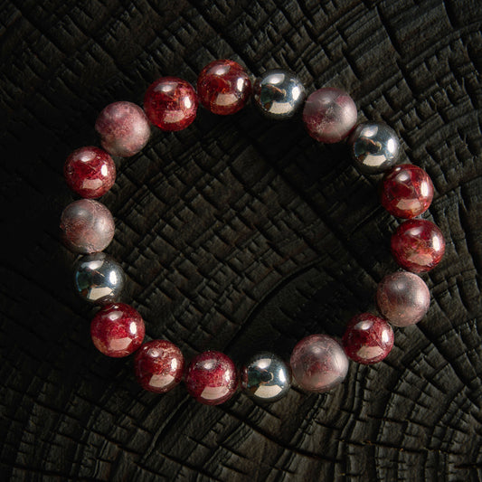 Bracelet élastique en Grenat Rouge et Hématite
