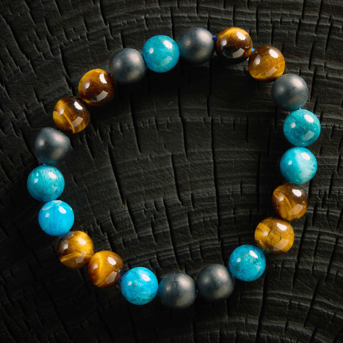 Bracelet élastique en Apatite, Oeil de Tigre et Agate Noire - Onyx