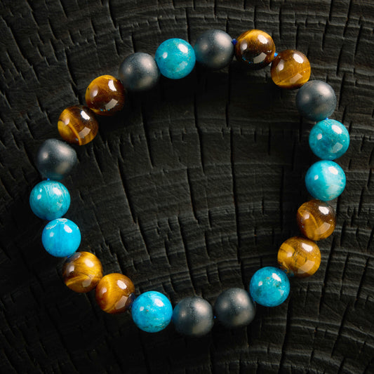 Bracelet élastique en Apatite, Oeil de Tigre et Agate Noire - Onyx