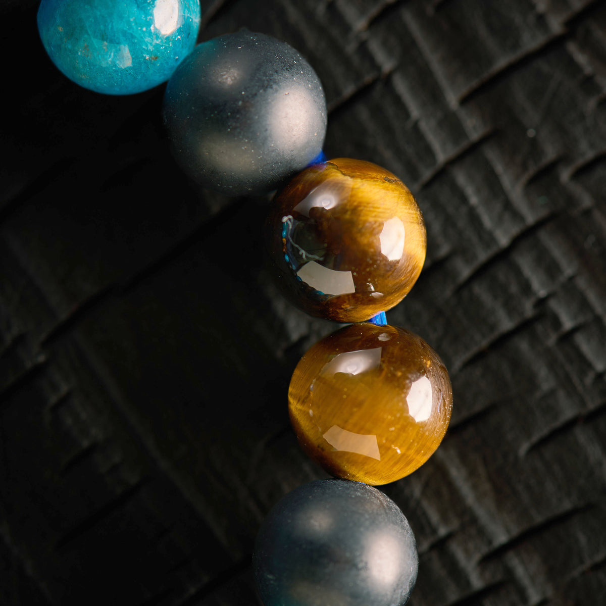 Bracelet élastique en Apatite, Oeil de Tigre et Agate Noire - Onyx