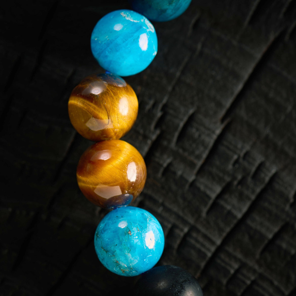 Bracelet élastique en Apatite, Oeil de Tigre et Agate Noire - Onyx