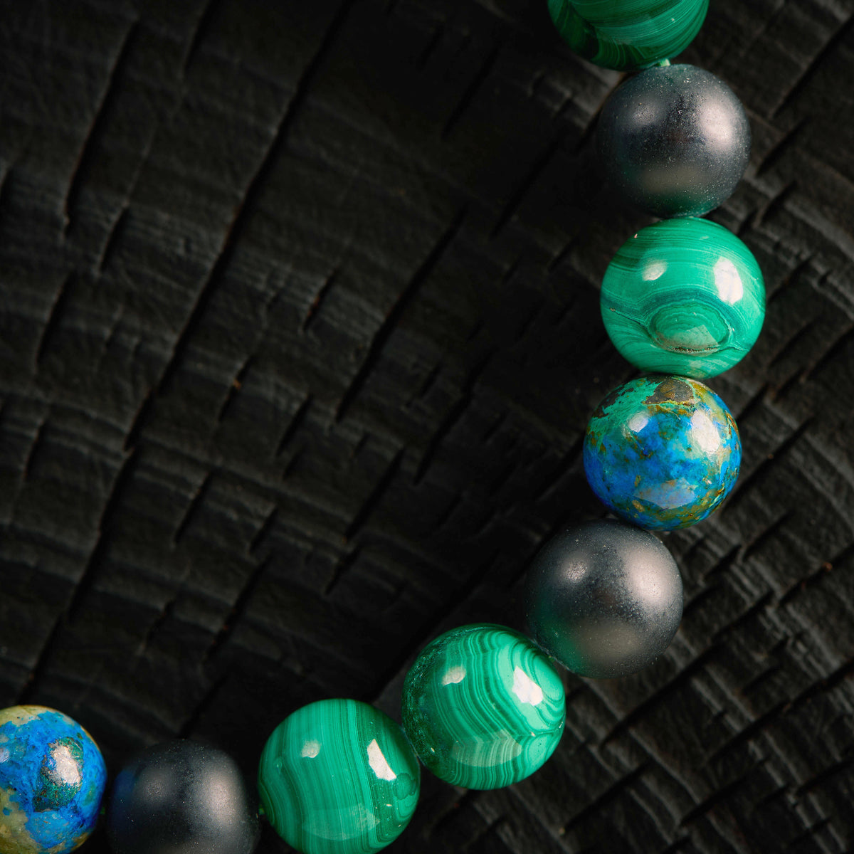 Bracelet élastique en Malachite, Azurite, Pierre de Lave et Agate Noire - Onyx