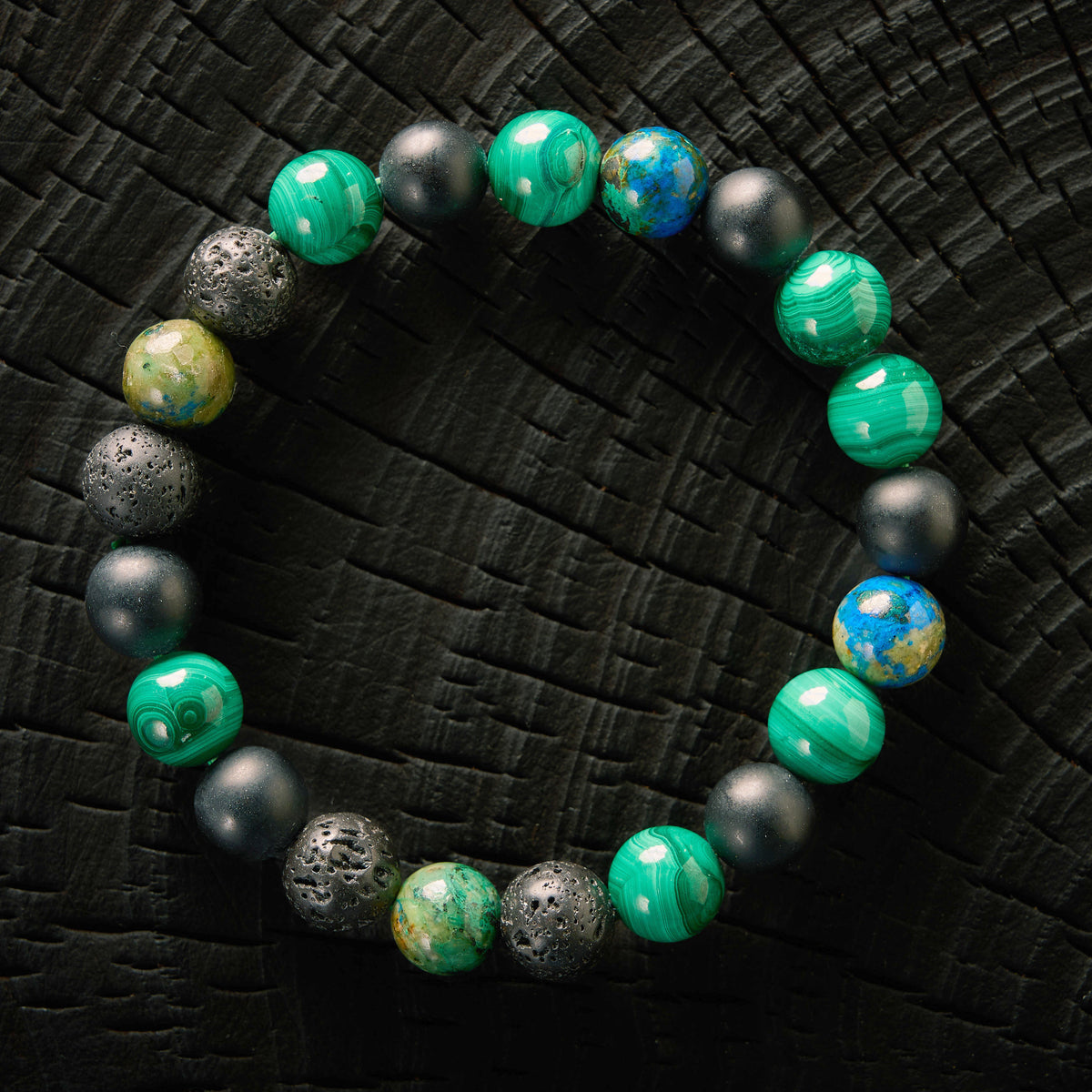 Bracelet élastique en Malachite, Azurite, Pierre de Lave et Agate Noire - Onyx