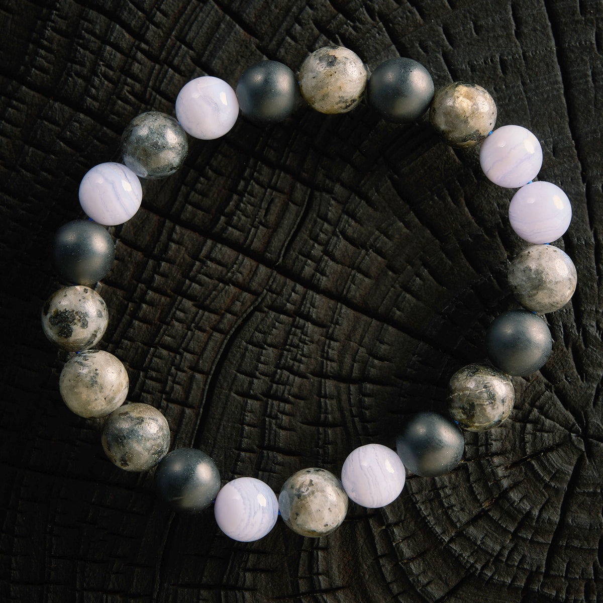 Bracelet élastique en Calcédoine, Larvikite et Agate Noire - Onyx