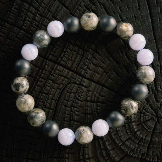 Bracelet élastique en Calcédoine, Larvikite et Agate Noire - Onyx