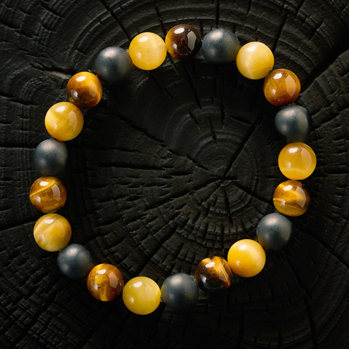 Bracelet élastique en Oeil de Tigre, Oeil de Tigre Jaune et Agate Noire - Onyx