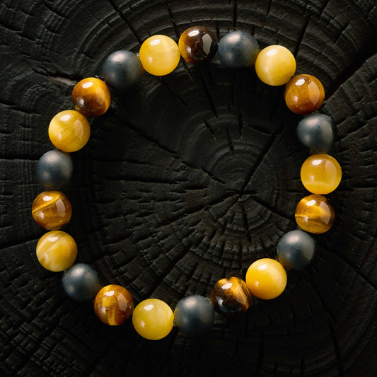 Bracelet élastique en Oeil de Tigre, Oeil de Tigre Jaune et Agate Noire - Onyx