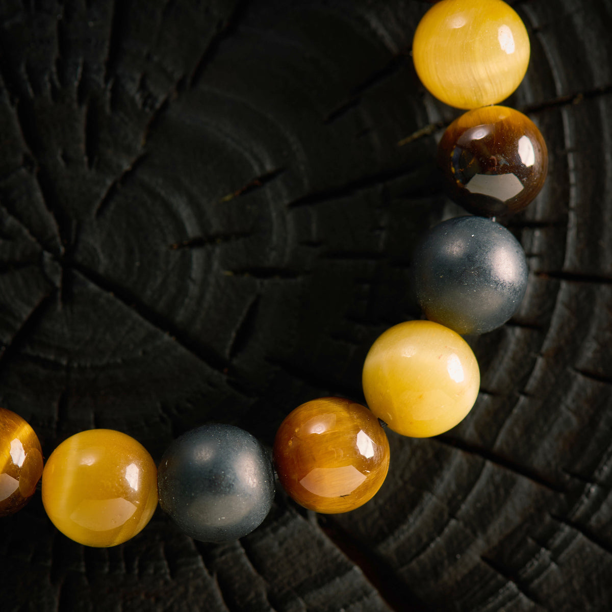 Bracelet élastique en Oeil de Tigre, Oeil de Tigre Jaune et Agate Noire - Onyx