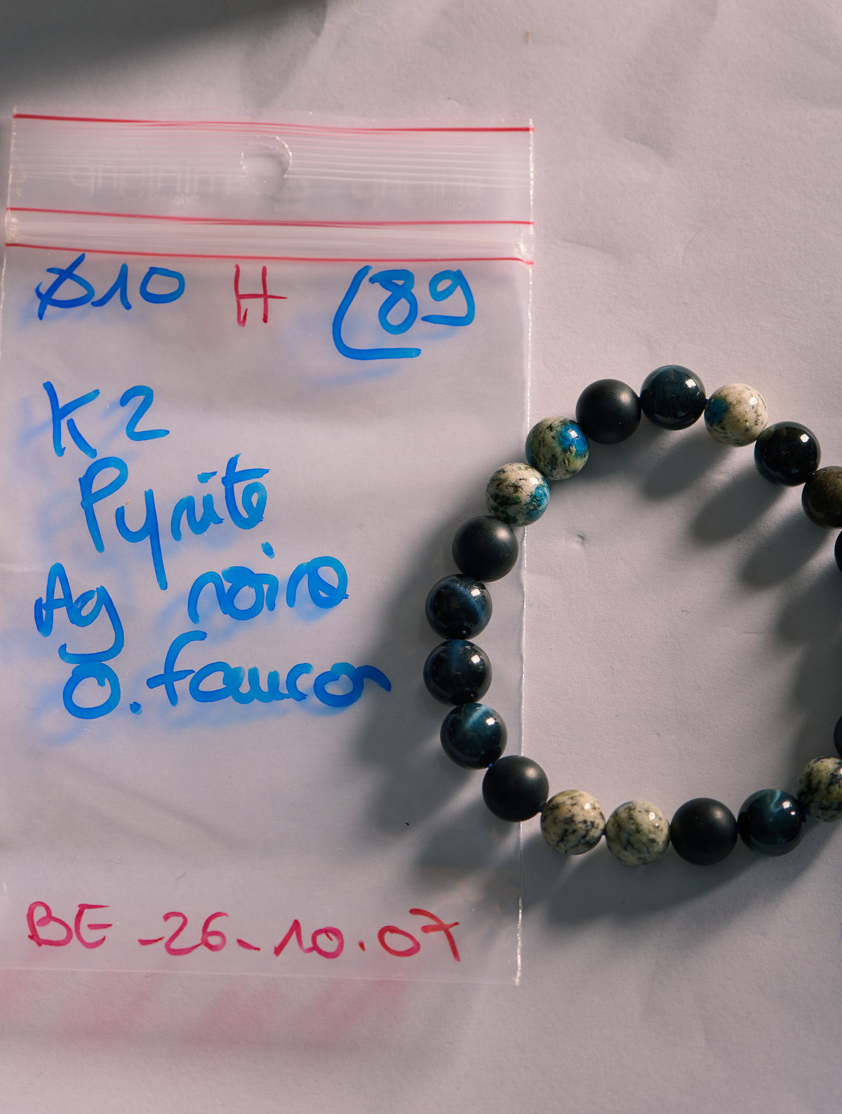 Bracelet élastique en Jaspe K2, Agate Noire, Pyrite et Oeil de Faucon