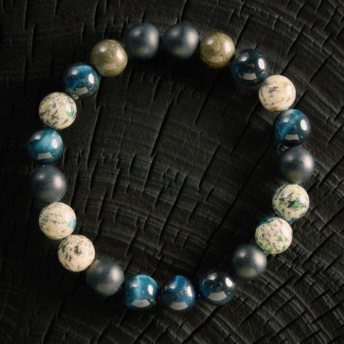 Bracelet élastique en Jaspe K2, Oeil de Faucon, Pyrite et Agate Noire - Onyx