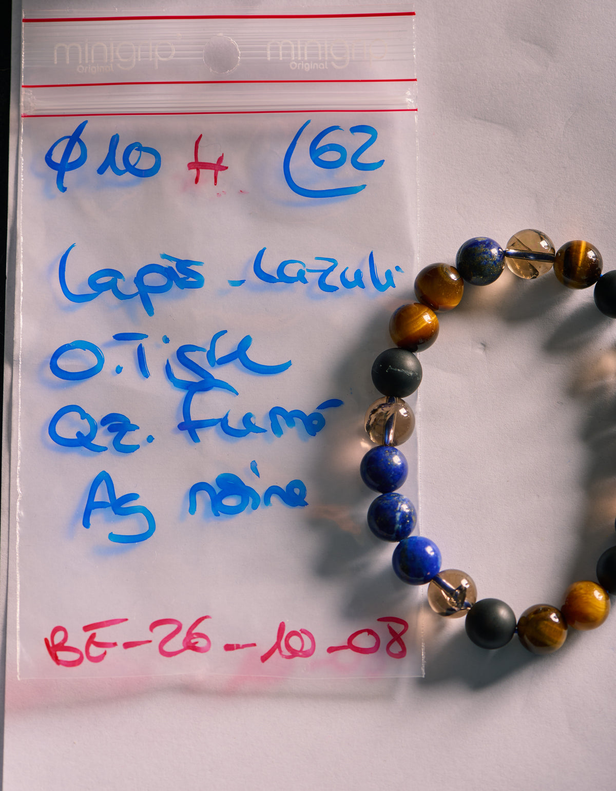 Bracelet élastique en Oeil de Tigre, Lapis Lazuli, Agate Noire et Quartz Fumé