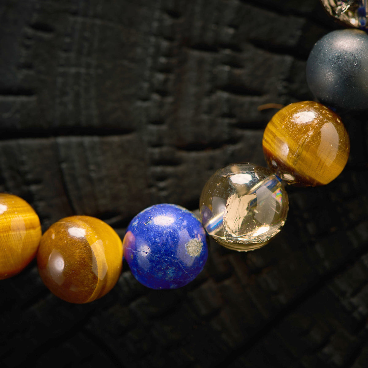 Bracelet élastique en Lapis Lazuli, Quartz Fumé, Oeil de Tigre et Agate Noire - Onyx
