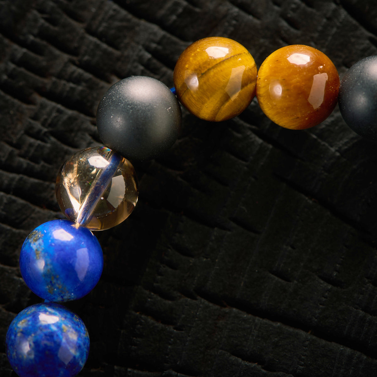 Bracelet élastique en Lapis Lazuli, Quartz Fumé, Oeil de Tigre et Agate Noire - Onyx