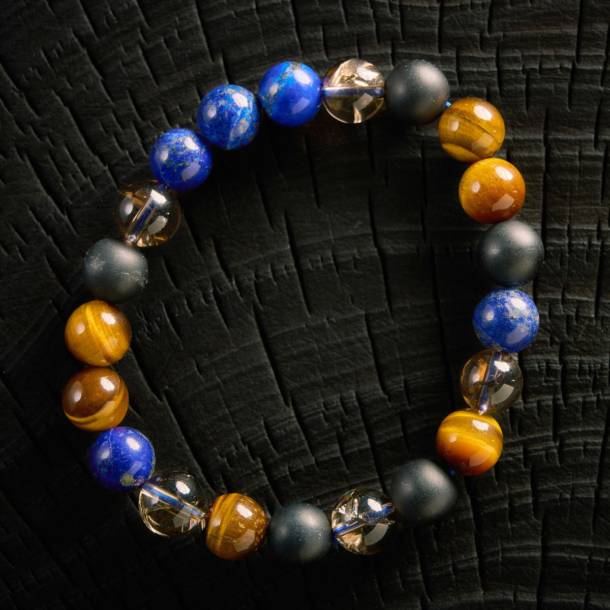 Bracelet élastique en Lapis Lazuli, Quartz Fumé, Oeil de Tigre et Agate Noire - Onyx