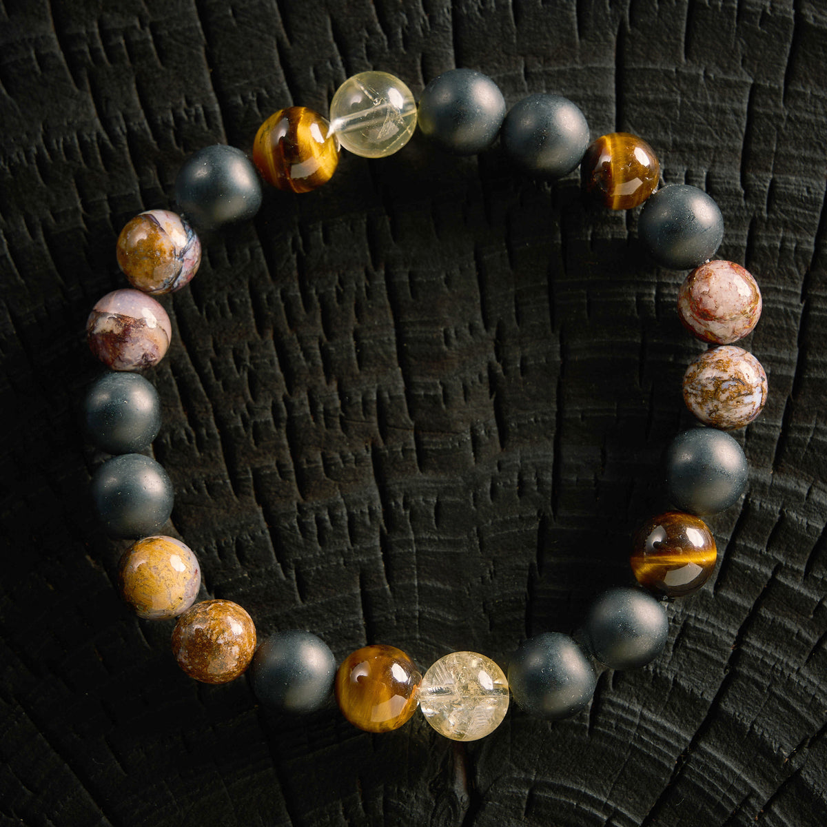 Bracelet élastique en Piétersite, Citrine, Oeil de Tigre et Agate Noire - Onyx