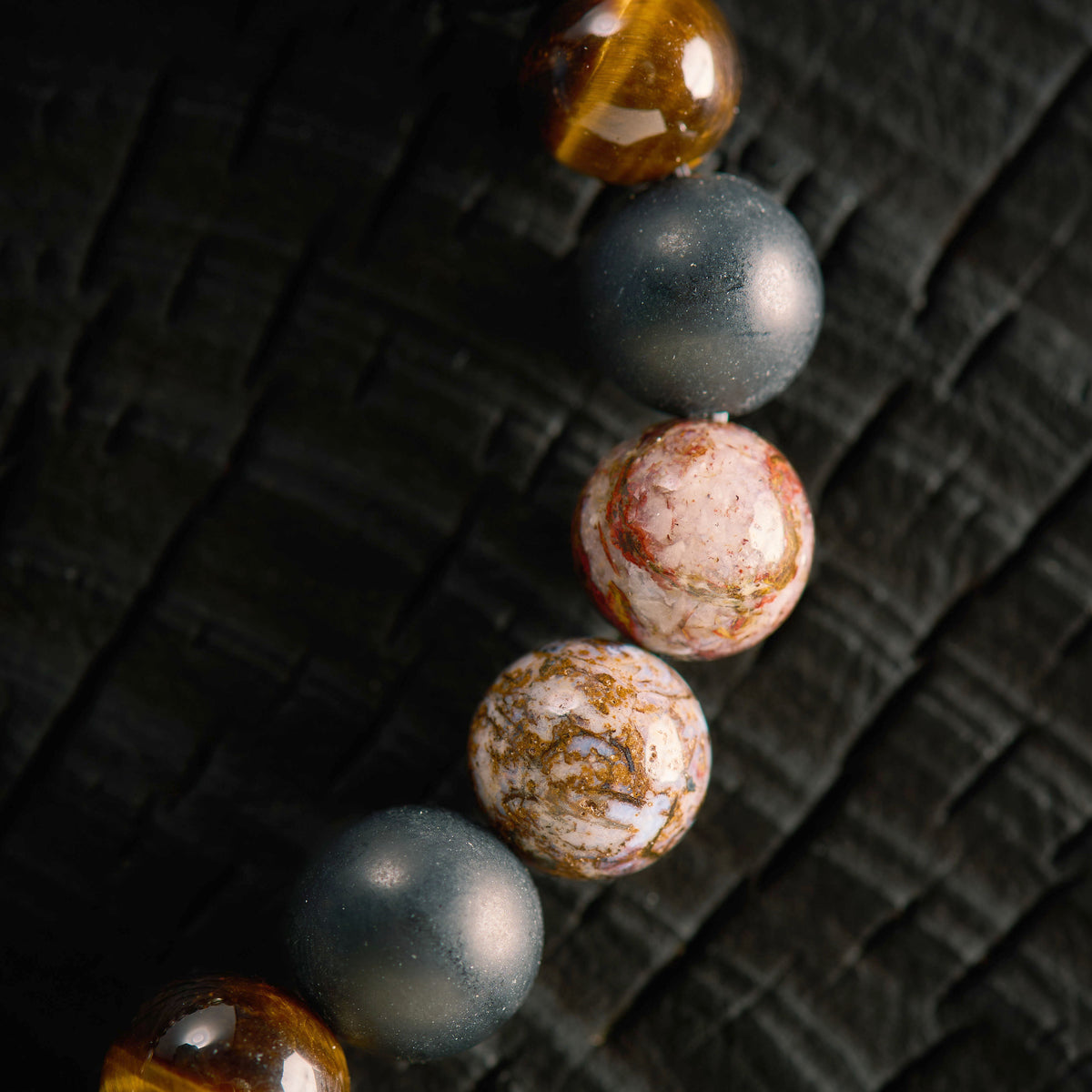 Bracelet élastique en Piétersite, Citrine, Oeil de Tigre et Agate Noire - Onyx