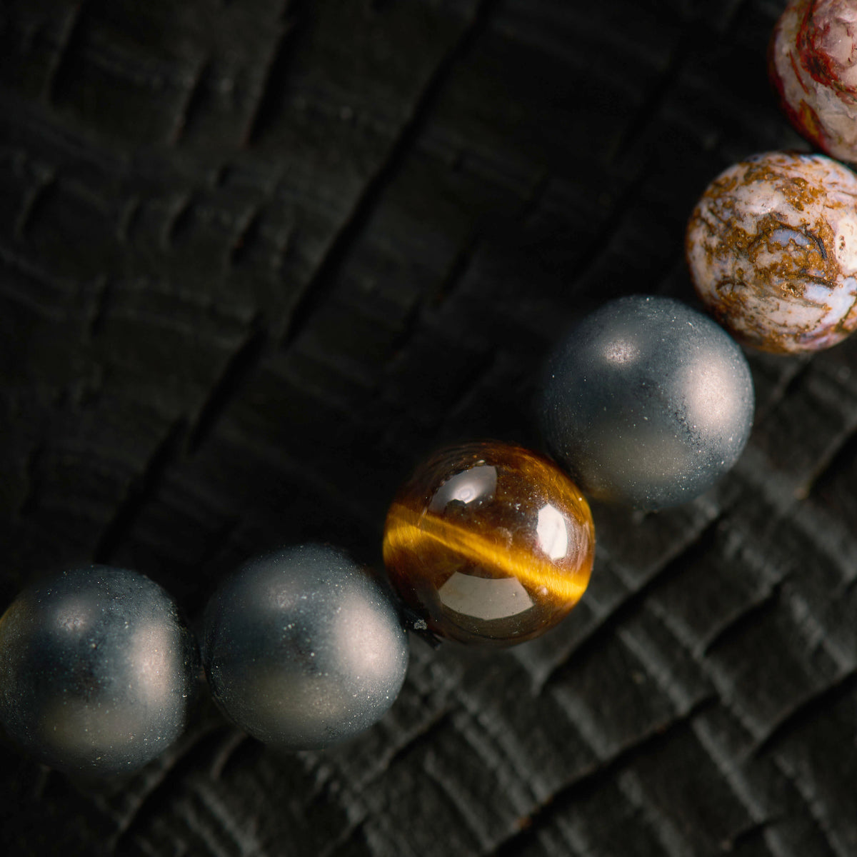 Bracelet élastique en Piétersite, Citrine, Oeil de Tigre et Agate Noire - Onyx
