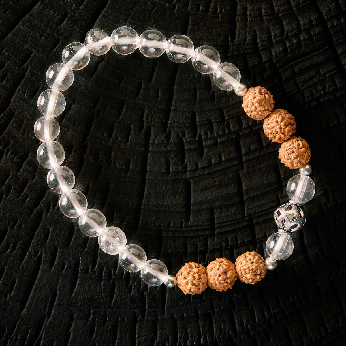 Bracelet élastique en Cristal de Roche et Rudraksha