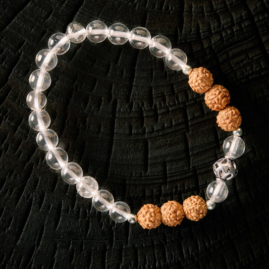 Bracelet élastique en Cristal de Roche et Rudraksha
