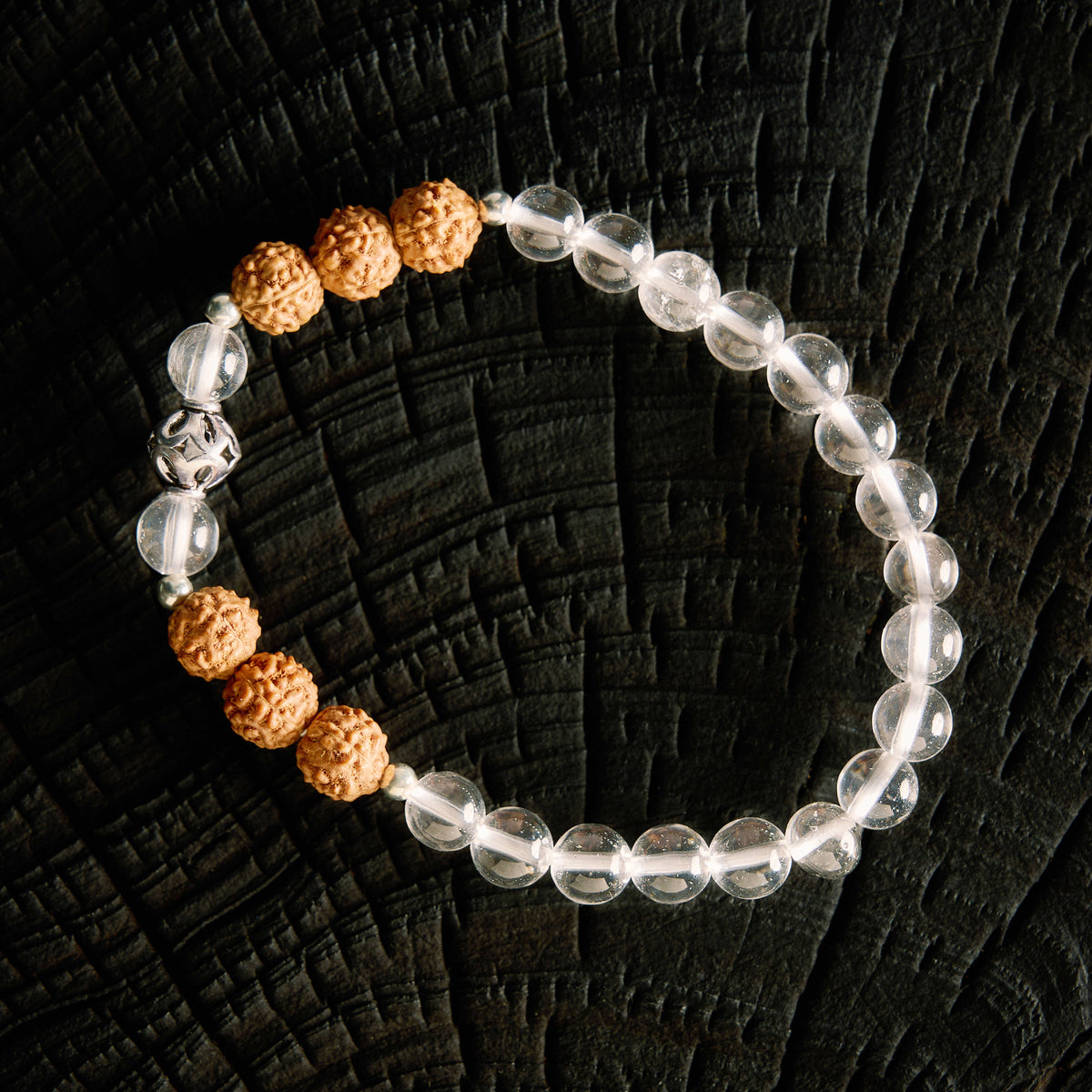 Bracelet élastique en Cristal de Roche et Rudraksha