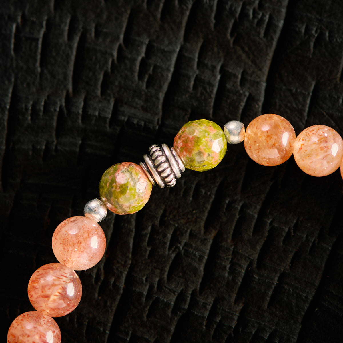 Bracelet élastique en Unakite et Pierre de Soleil