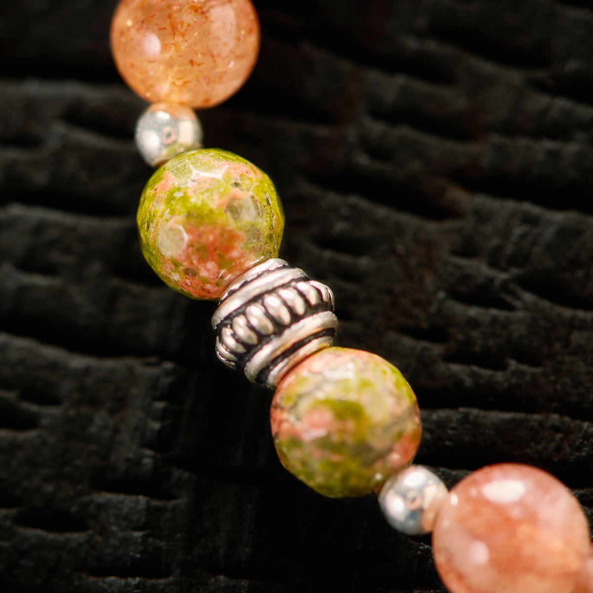 Bracelet élastique en Unakite et Pierre de Soleil