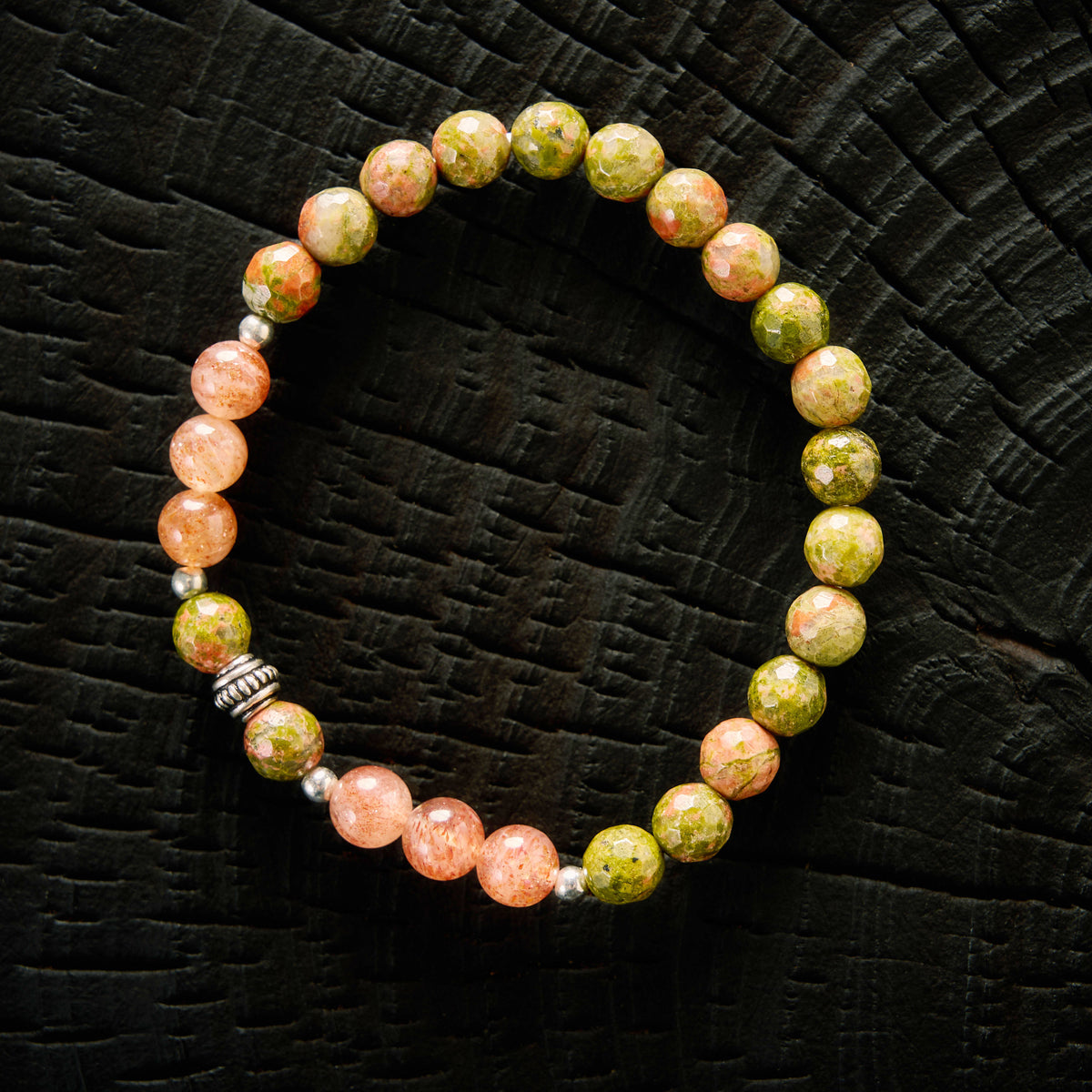 Bracelet élastique en Unakite et Pierre de Soleil