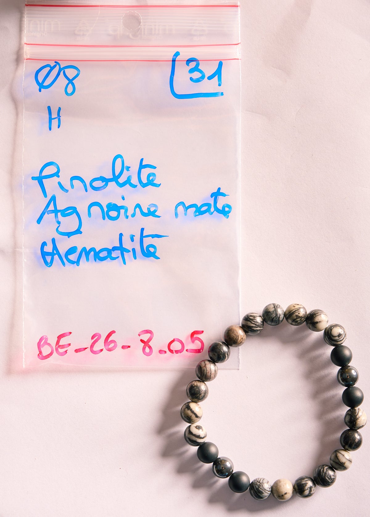 Bracelet élastique en Pinolite, Agate Noire et Hématite