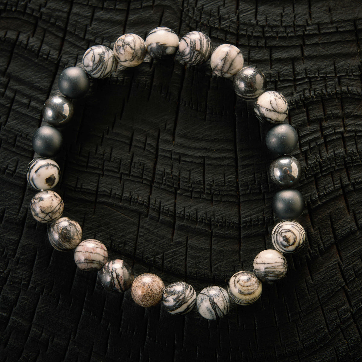 Bracelet élastique en Pinolite, Hématite et Agate Noire - Onyx