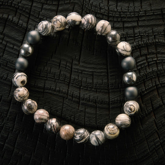 Bracelet élastique en Pinolite, Hématite et Agate Noire - Onyx