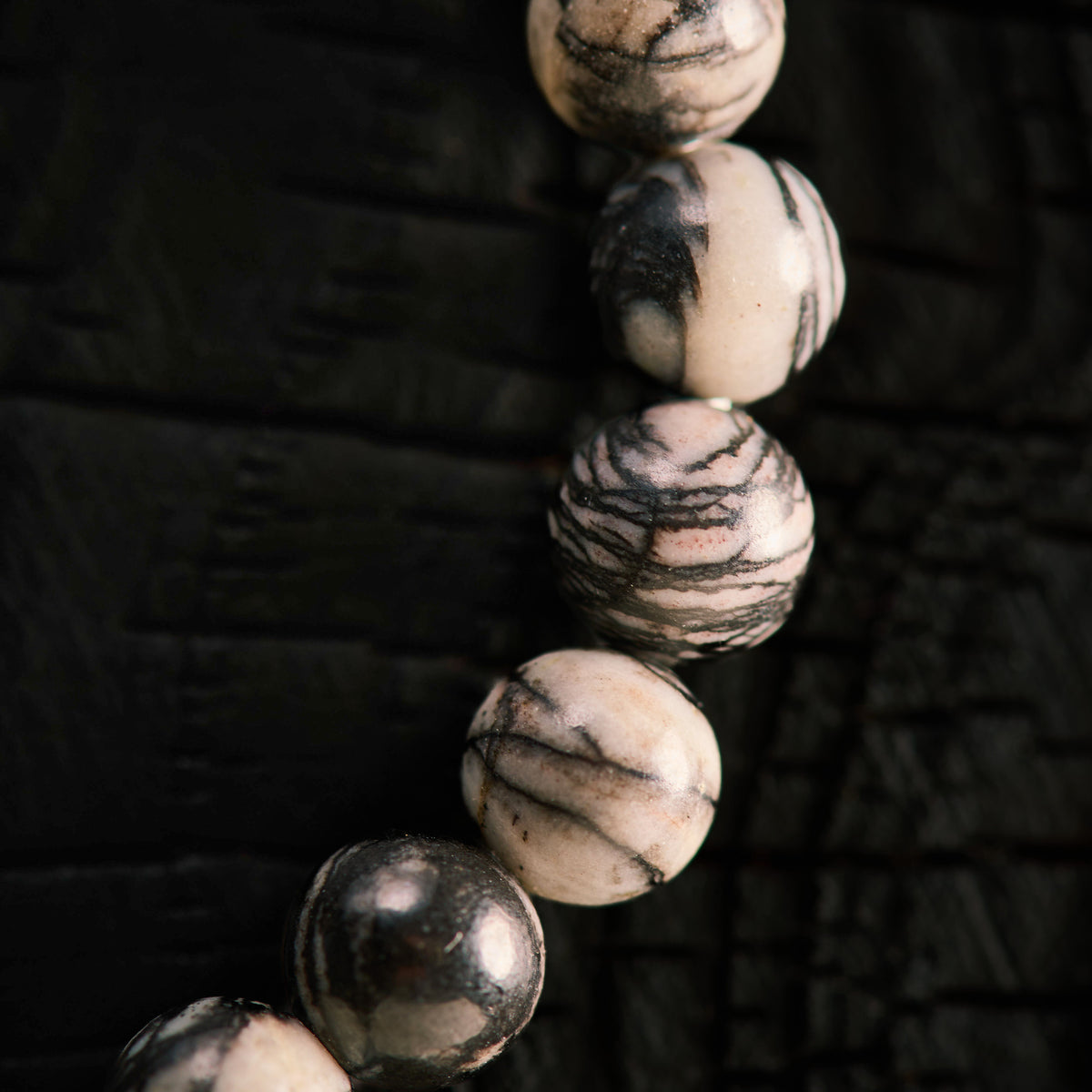 Bracelet élastique en Pinolite, Hématite et Agate Noire - Onyx