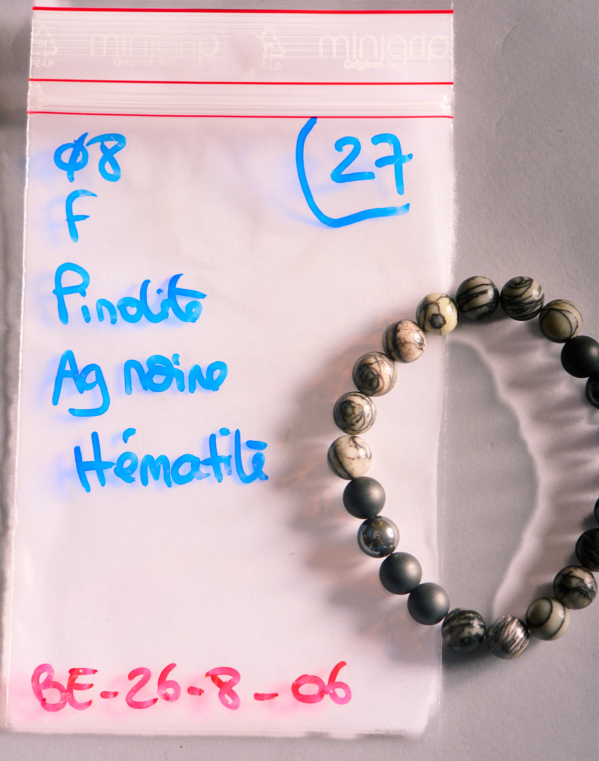 Bracelet élastique en Agate Noire, Pinolite et Hématite