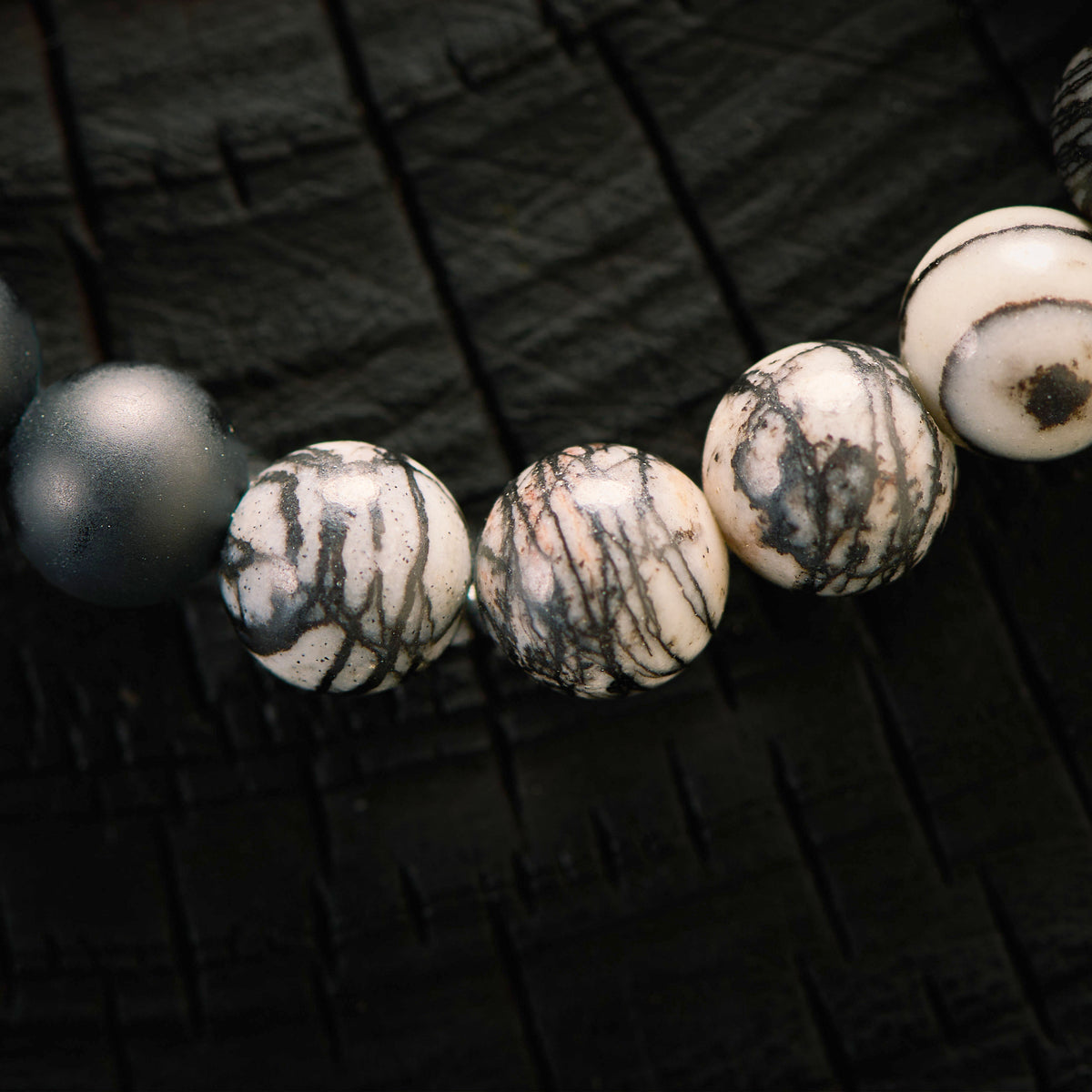 Bracelet élastique en Pinolite, Hématite et Agate Noire - Onyx